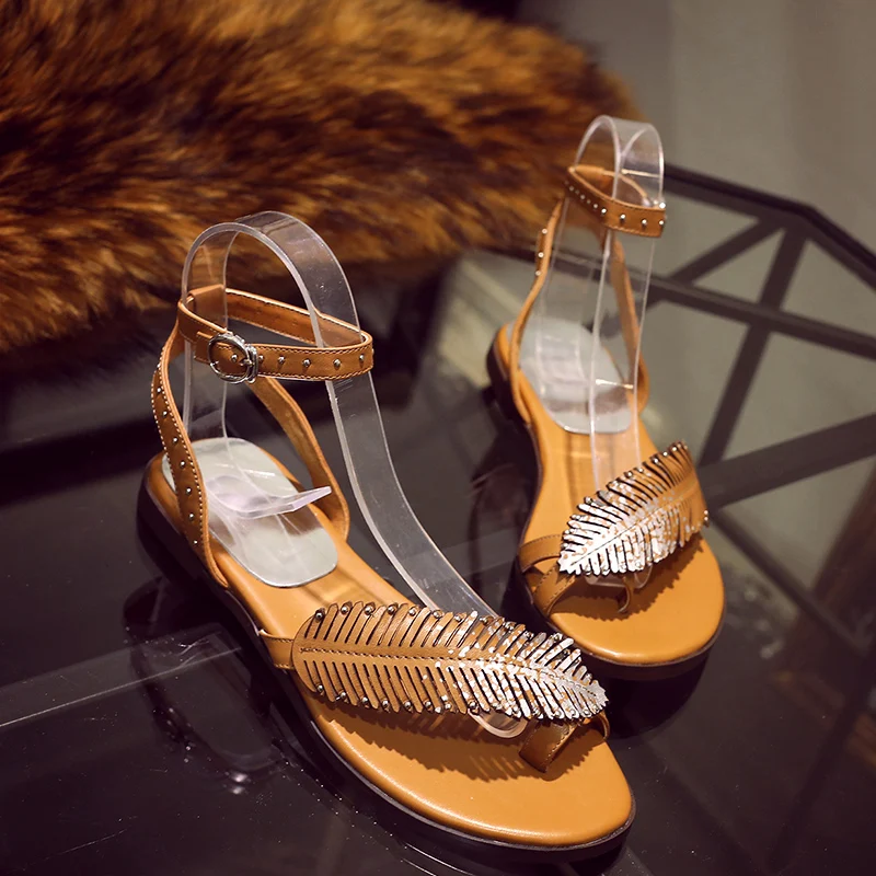 Women's Feather Shape Ankle Strap Sandals Brand Designer Rivet Genuine Leather Summer Shoes for Women Sandalias Female Footwear | Обувь
