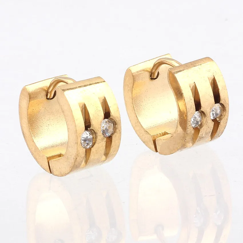 QianBei Fashion Fantastic Top Quality Gold Stainless Steel Studs Hoop Mens womens CZ Rhinestone Earrings XMAS GIFT HOT