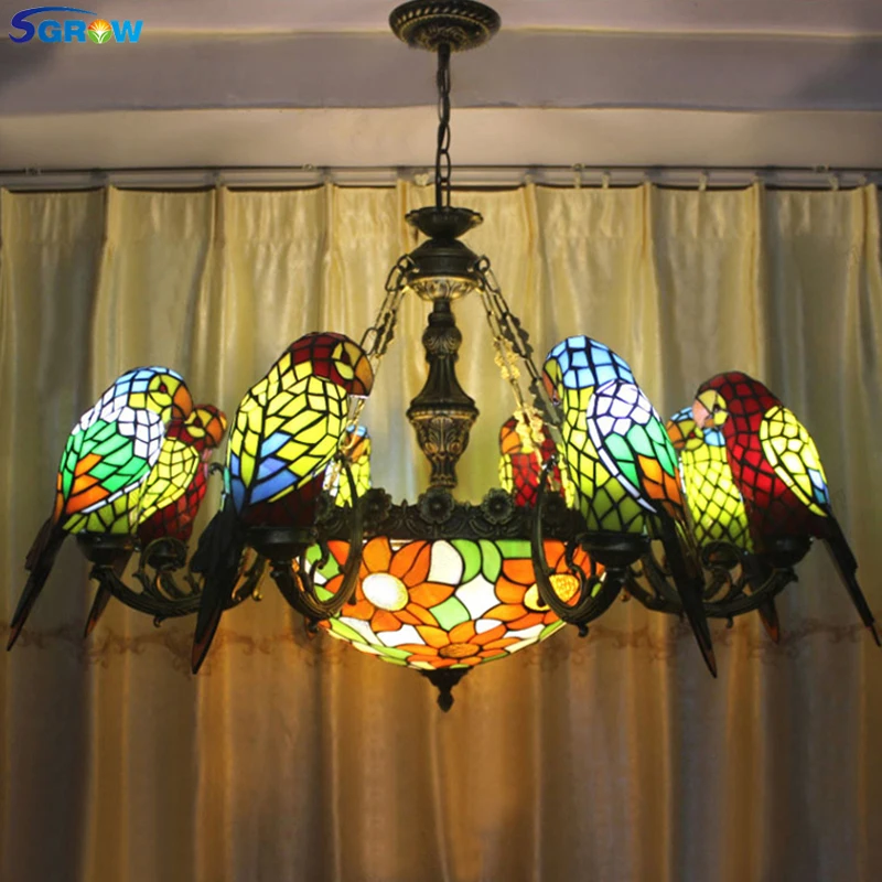 SGROW Hand-made Glass Parrot Lampshade Lights for Bedroom Living Room Modern Led Chandeliers Tiffany Lamp Indoor Light Fixtures | Лампы и
