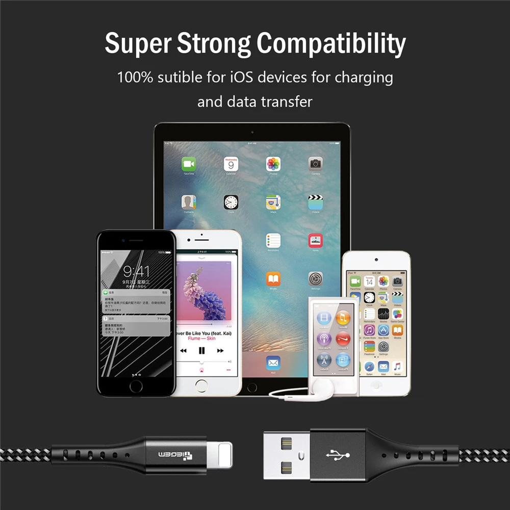 USB кабель для iPhone TIEGEM быстрой зарядки и передачи данных X Xs 8 7 6 6s 5 iPad Pro провод