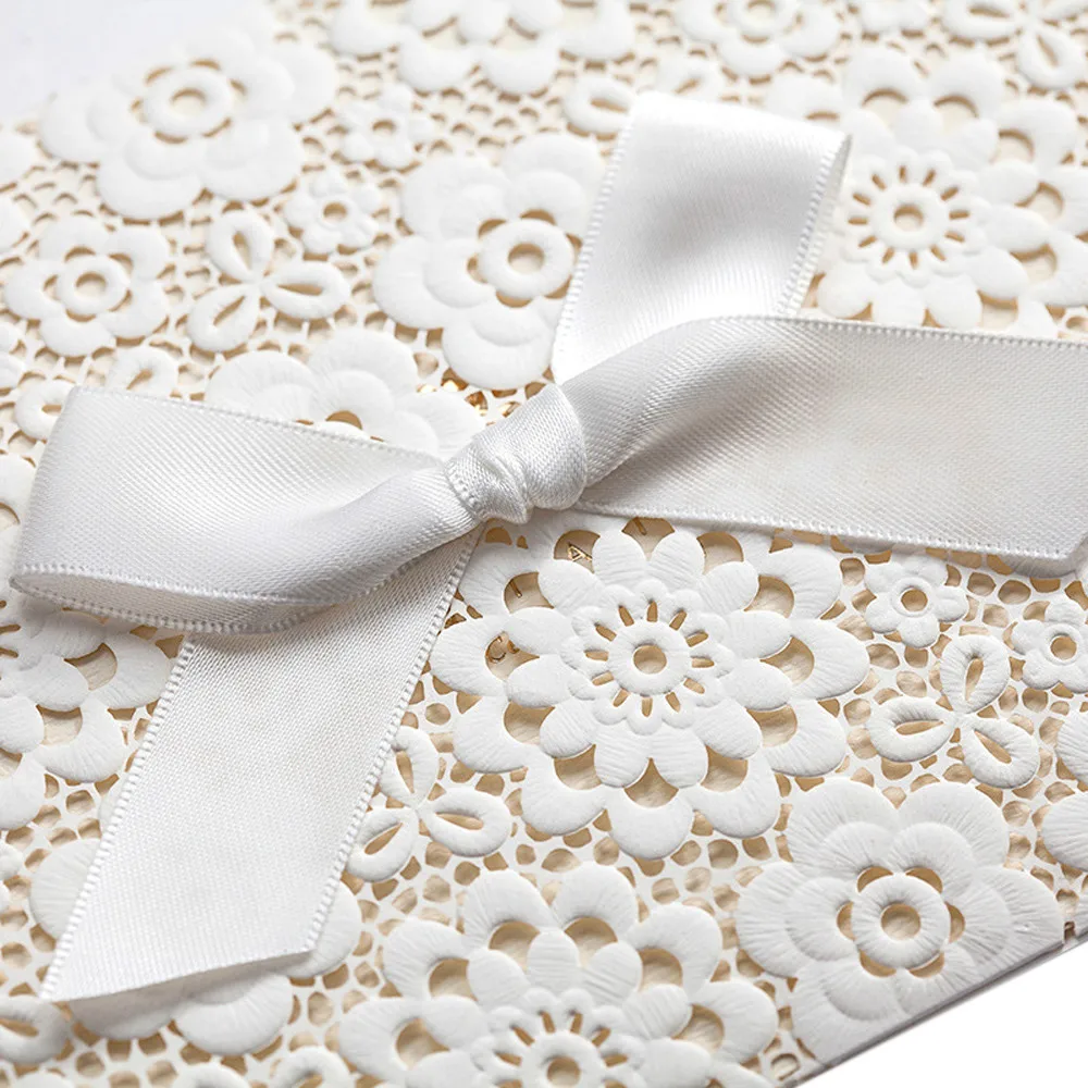 100 шт/партия Лазерная резка для свадьбы Пригласительные белые открытки с бантом