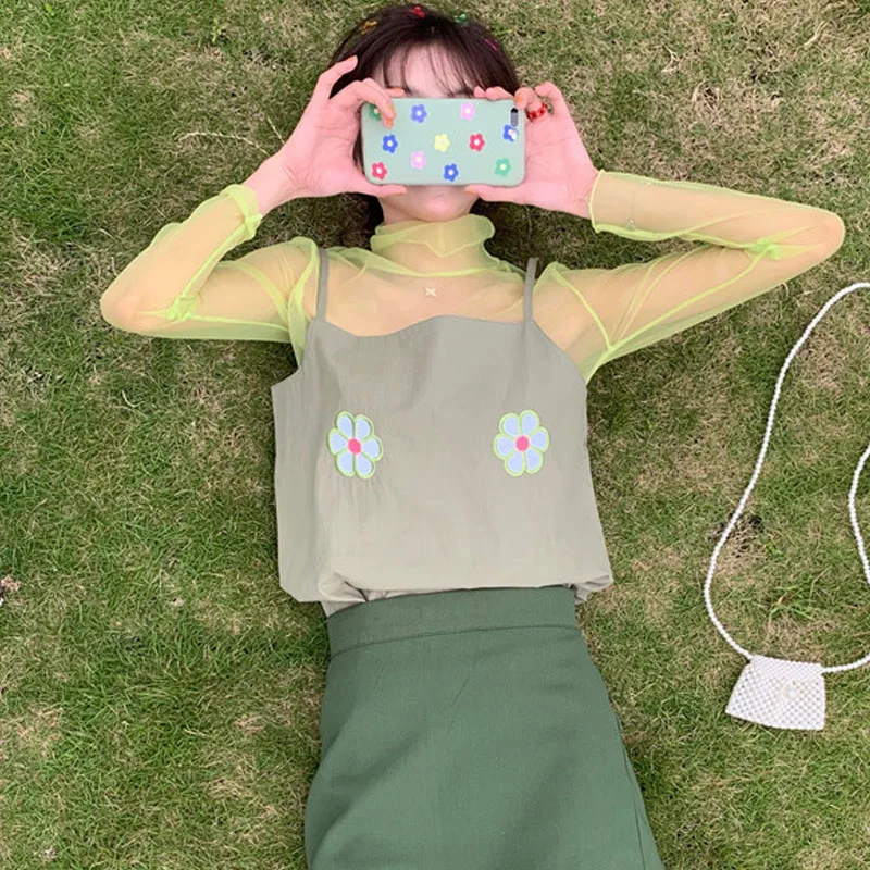 Женская летняя одежда ulzzang сетчатый прозрачный топ + на бретельках с цветочной