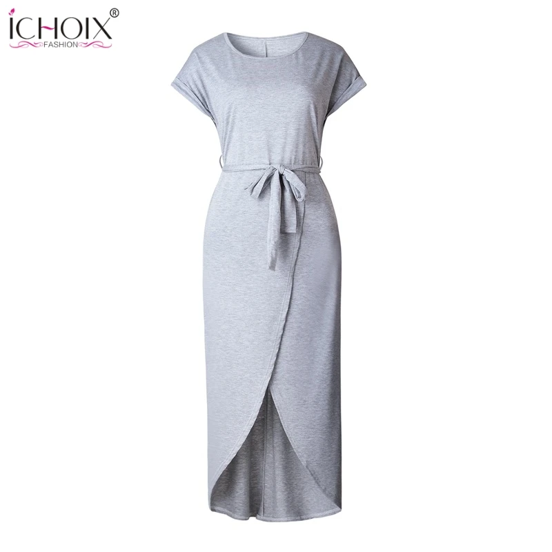 Сексуальное длинное летнее платье с разрезом элегантное однотонное поясом