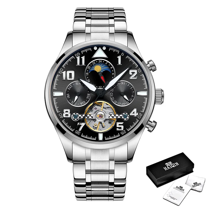 Steel Silver Black HAIQIN мужские часы Механические Турбийон роскошные модные брендовые кожаные мужские спортивные часы мужские автоматические часы Relogio Masculino - Цвет: Steel Silver Black