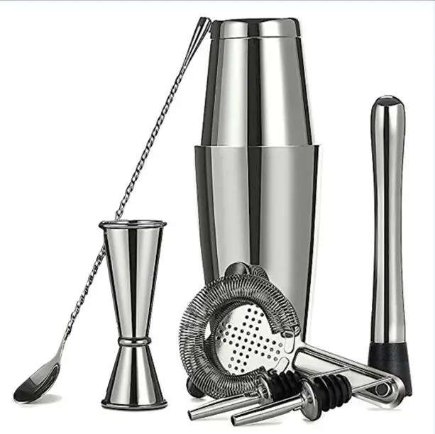 Silver 8pcs Шейкер для коктейлей, BS-75S, 750 мл, Бостонский шейкер, набор, высокое качество, широко используется в барах - Цвет: Silver 8pcs