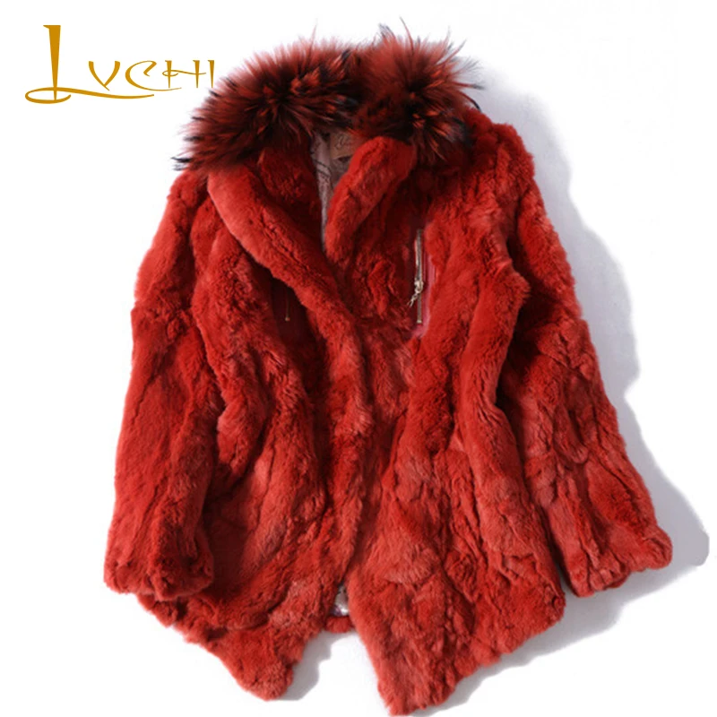 

LVCHI 2019 New Product Super Soft Rex Rabbit Fur Coats With Raccoon Dog Fur Collar Women's Winter Warm Furs shuba Outerwear