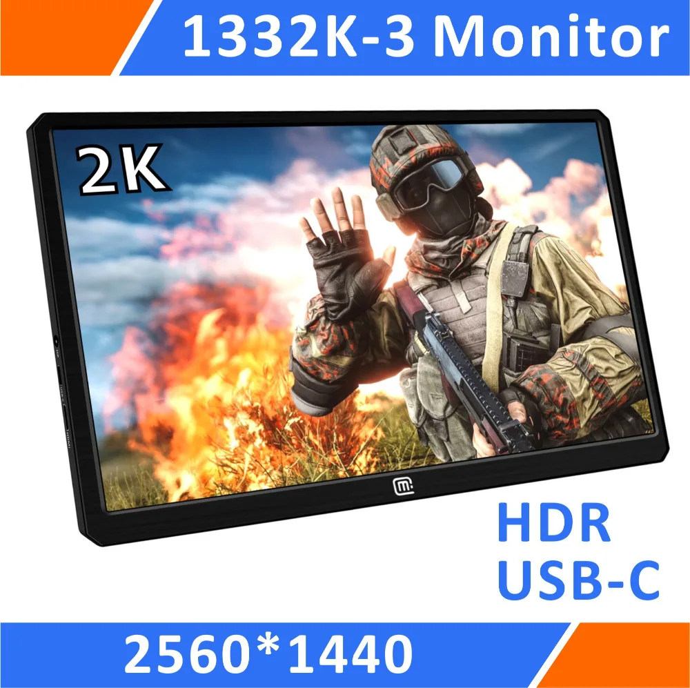 13.3'' 2K Resolution HDR Portable Gaming Monitor 1440P With USB C/Hdmi Input For For PS3 PS4 XBOX Car Display Mini PC(1332K-3)