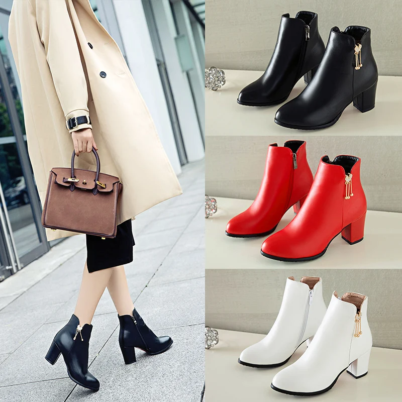 

Women Ankle Boots PU Leather Thick High Heel Winter Autumn Boots Warm Fur High Quality Women Shoes Martin Boots Fashion New 2018