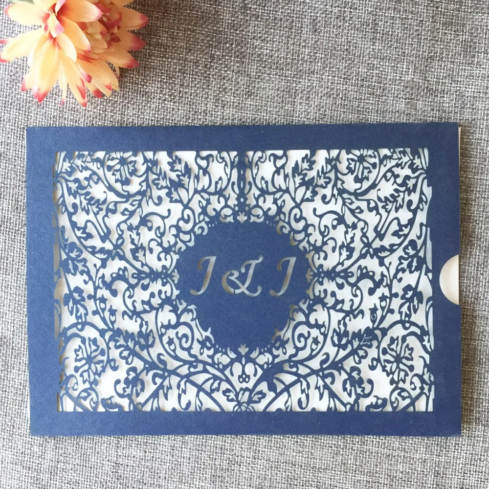 100 шт./лот роскошный синий индивидуальный дизайн приглашение на свадьбу помолвку