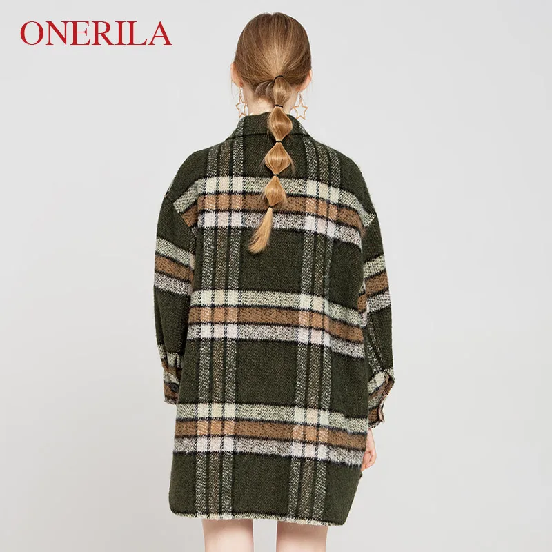 ONERILA 2018 New Winter Casual Vintage Loose Single Breasted Green Plaid Wool Coat Long Sleeve Turn Down Collar Women Overcoat | Женская