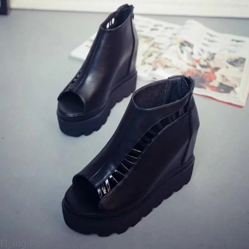 Hot Sale! Newest Women Platform Fish Mouth Sandals Boots Back Zipper Roman Sexy Hollow Wedge Shoes | Обувь