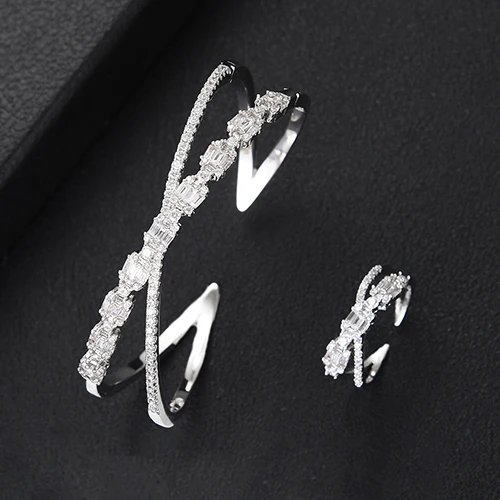 H056B Set Silver Модные подвески роскошный браслет для женщин Свадебные Полный AAA кубический циркон Кристалл CZ Дубай Серебряный Браслет вечерние ювелирные изделия - Окраска металла: H056B Set Silver