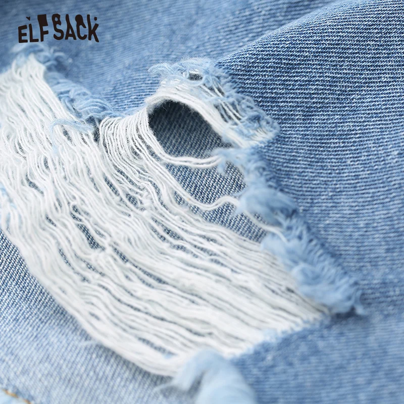 Женские шорты ELFSACK синие потертые джинсы с высокой талией на шнурках лето 2019 |