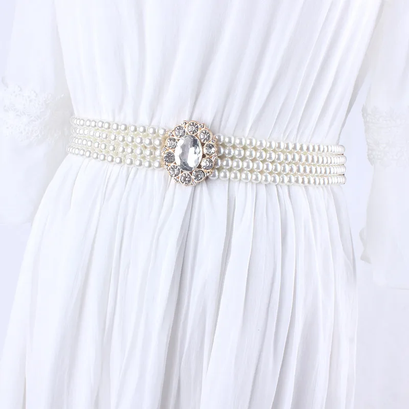 fashion sweet Elastic rhinestone Pearl waist chain belt for women dress Korean wedding belts rope for bride ladies girls gifts