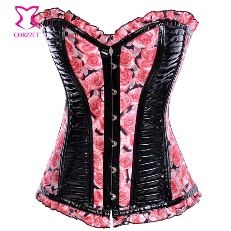 Rose Pattern Black PVC Leather Steel Boned Overbust Corset Sexy Corsets And Bustiers Steampunk Korset For Women Waist Trainer | Женская