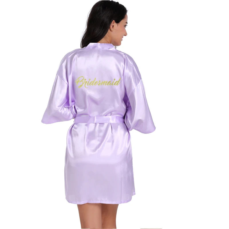 Lavender Bridesmaid Кимоно для невесты с золотым блестящим принтом и буквенным принтом, женское платье из искусственного шелка для девичника, свадебные вечерние халаты - Цвет: Lavender Bridesmaid