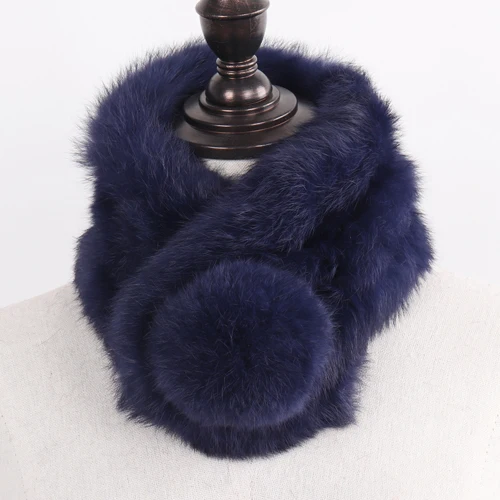 BLUE Шарф из натурального меха, новинка, зимний женский шарф из натурального кроличьего меха, женские теплые шарфы с помпонами из кроличьего меха - Цвет: BLUE