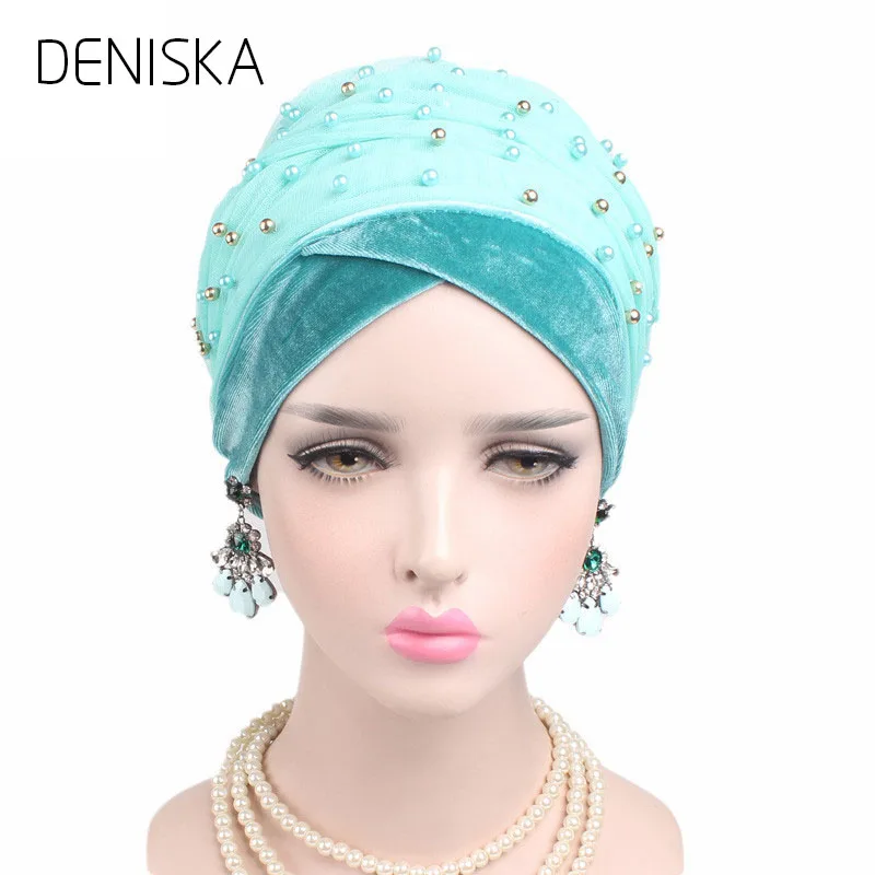 DENISKA 2018 Headscarf Turbante Luxury Mass Gold Beaded Mesh Head wrap Velvet Nigerian Turban Women Hijab Extra Long scarf | Аксессуары