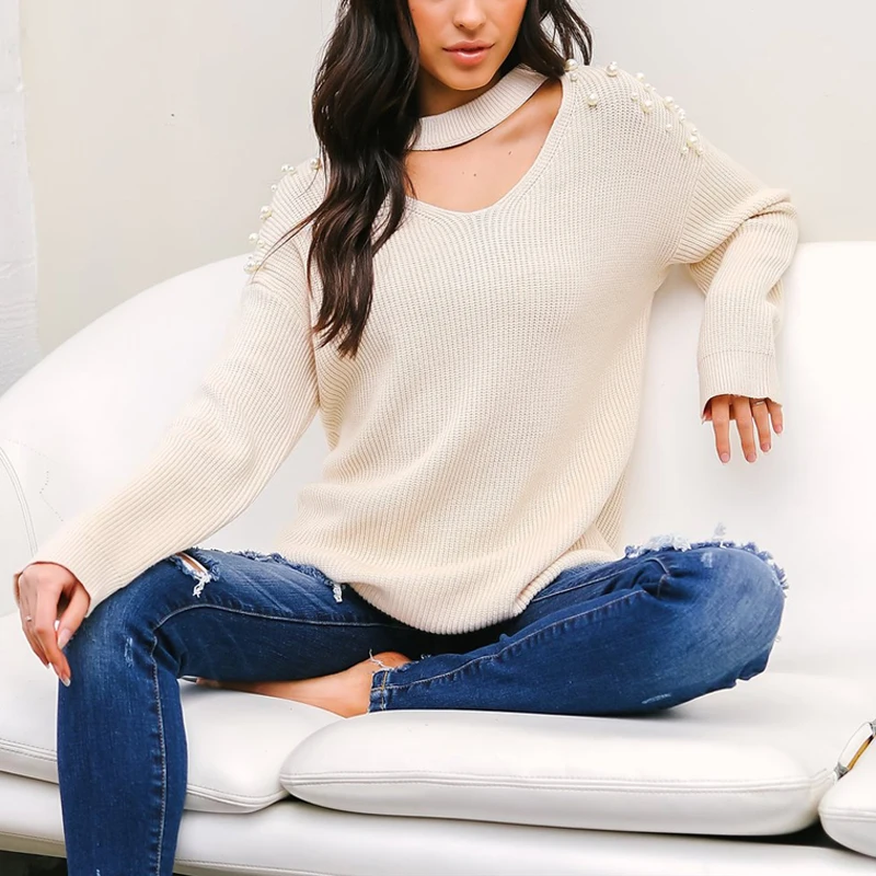 Autumn and Winter 2018 Women Tops Halter Pearl Sweaters Pullovers Elegant Cozy Knit Sweater Casual Loose Warm Jumpers Femme | Женская