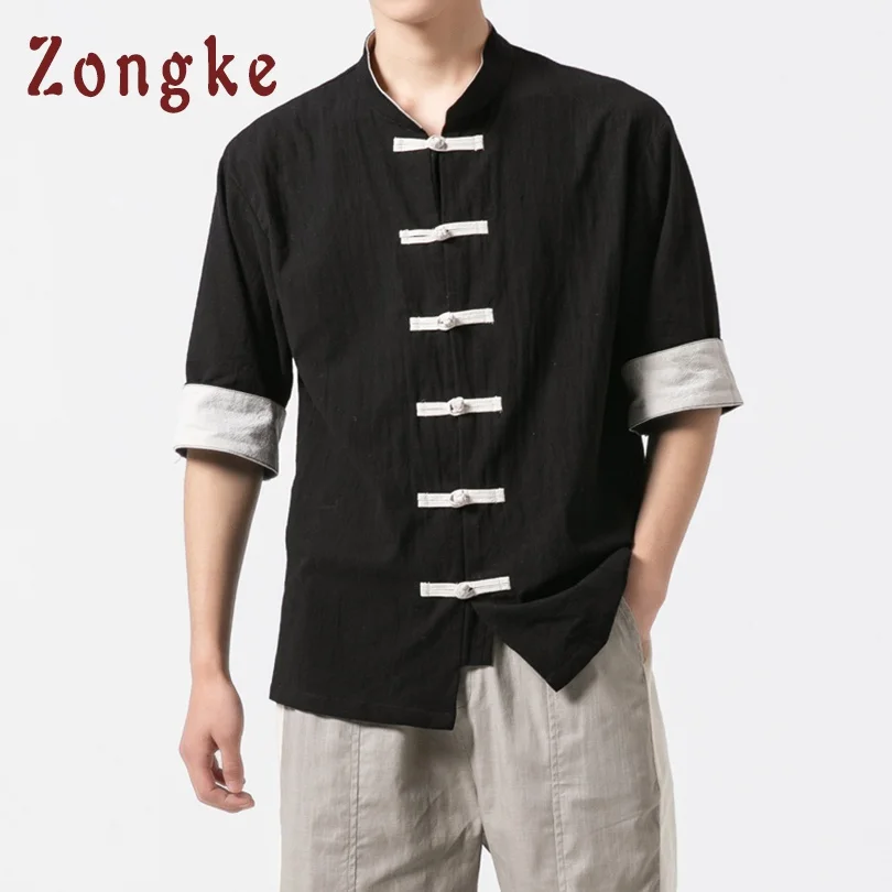 Black Zongke, китайский стиль, короткий рукав, летняя, винтажная, мужская, модная, уличная, мужская рубашка, короткий рукав, блузка, мужские рубашки, 5XL - Цвет: Black