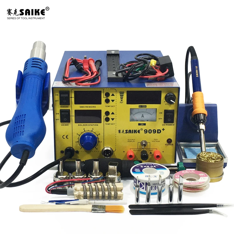 

SAIKE 909D+ 3 in 1 Hot air gun soldering station Desoldering station DC regulated power supply 15V 3A 220V EU