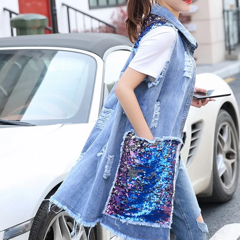 Женский Длинный джинсовый жилет в стиле пэчворк с блестками потертыми дырами без