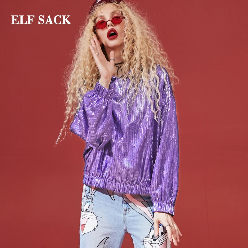 ELFSACK зимние Новые Стильные свитшоты женские повседневные однотонные пуловеры с