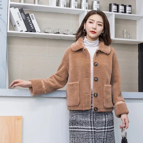 Hong Sha Mo AYUNSUE, женская шуба, женская, Овечья овчина, мех, Корейская куртка, Осень-зима, куртка для женщин, Натуральная шерсть, пальто Abrigo Mujer MY3506 - Цвет: Hong Sha Mo