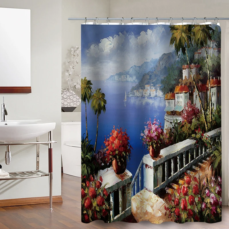 FOKUSENT High Quality Print Beautiful Seaside Town and Flowers Garden Polyester Fabric Bathroom Waterproof 3D Shower Curtains | Дом и сад
