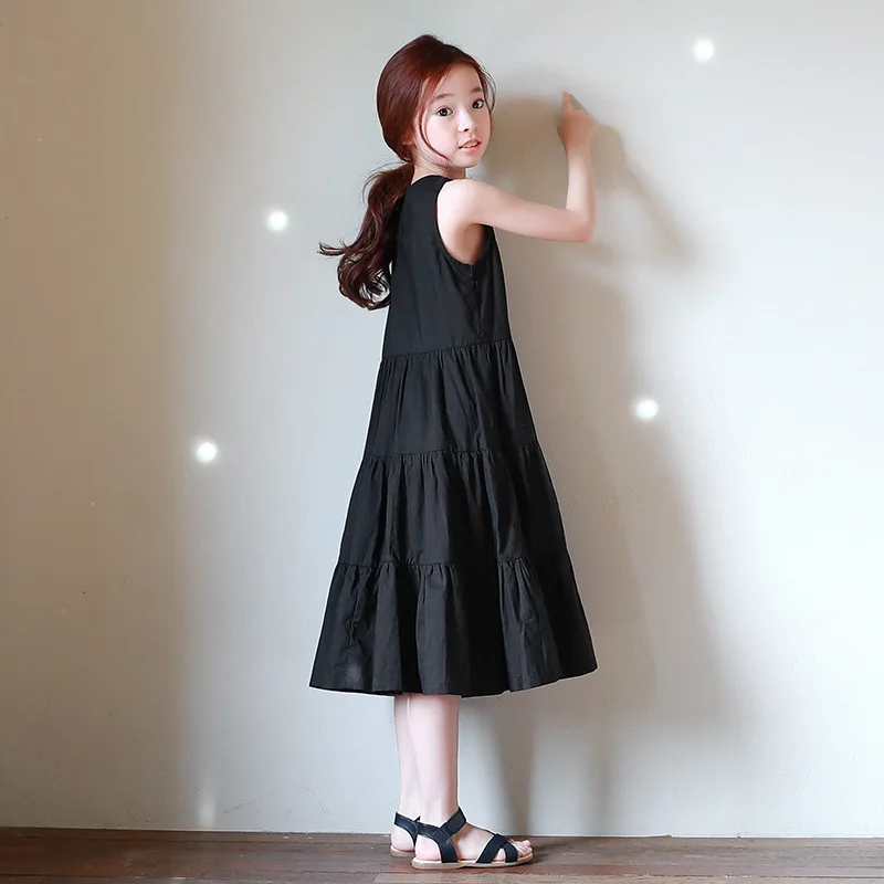 2021 Одежда для девочек-подростков платья без рукавов черный длинный сарафан из 100%