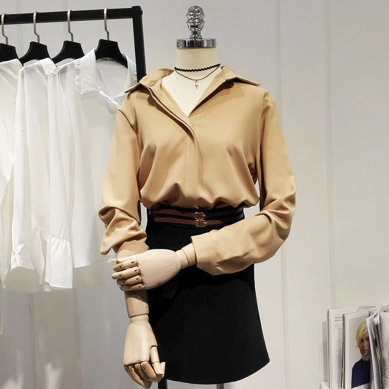 

2020 Summer New Chiffon Women Blouse And Shirts Turn Down Collar V-Neck Solid Office Lady Elegant Shirts Outwear Tops