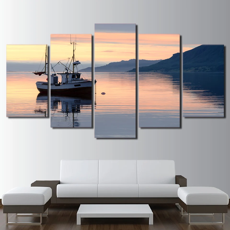 5 Panels Hot Calm Lake Sailboat Dusk Clouds Landscape Wall Pictures Home Decorative Modular Artworks Living Room Canvas Painting | Дом и сад