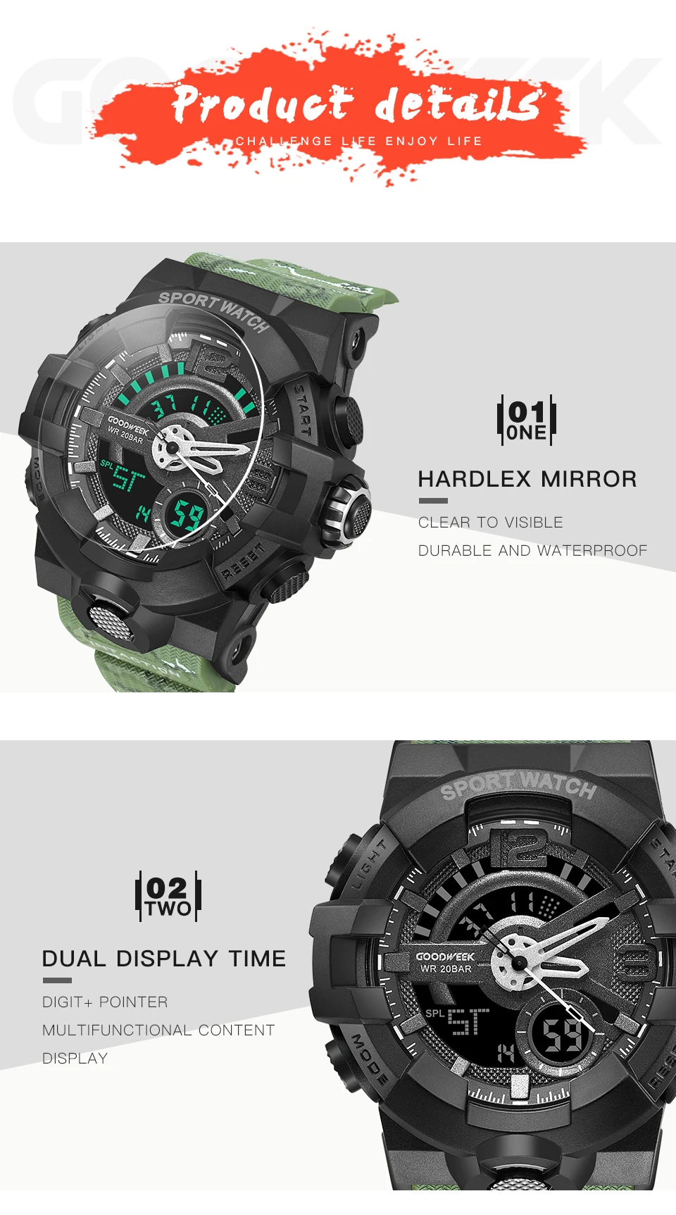 GOODWEEK Men Sport Watch Camouflage S Shock Military Watches Waterproof Multi-functional Dual Display Watches Relogio Masculino