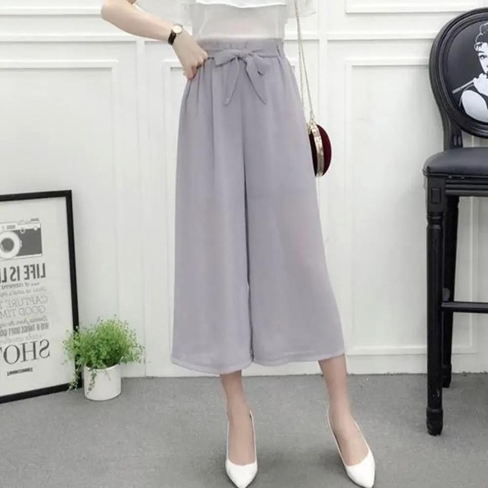 Модные женские шифоновые брюки с высокой талией свободные для офиса на лето