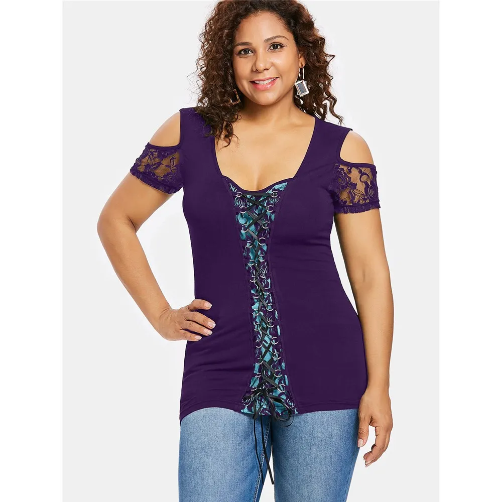 CosMera Sexy Scoop Neck Colder Shoulder Plus Size Cutout Lace Up T-Shirt Casual Short Sleeve Women Summer Tops Tee Shirt 2018 | Женская