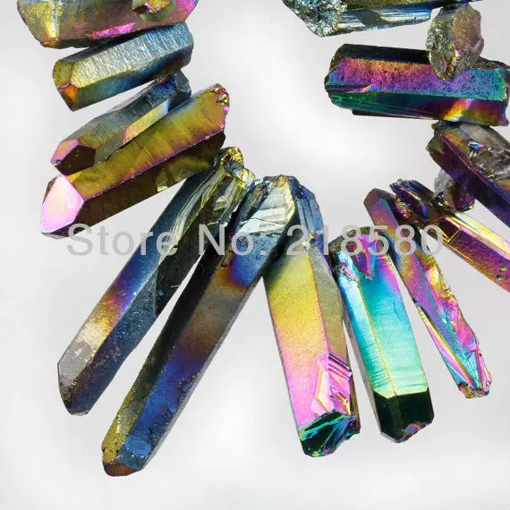 

SLB-004 Titanium Rainbow Quartz Sticks Crystal Points Spikes Drilled Briolettes Beads 16 inch Strand 12 -36 mm