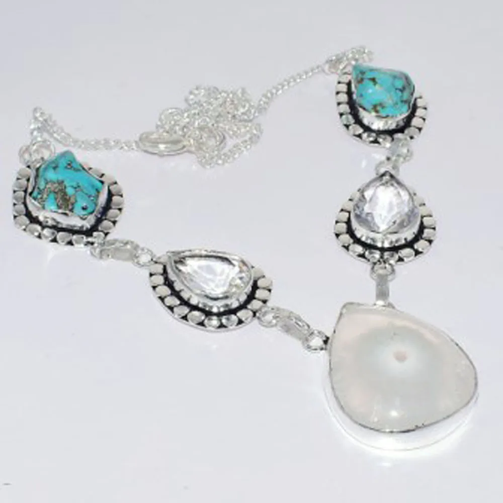 

Moss Agates & Turquois & White Topas Necklace Silver Overlay over Copper, 47cm , N3223