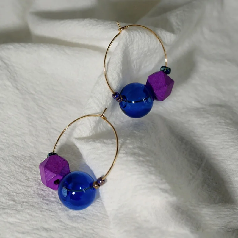 purple Уникальные разноцветные Пузырьковые мини-серьги-кольца для женщин винтажные деревянные бусины корейские серьги дизайн серьги со стеклянными шариками - Окраска металла: purple