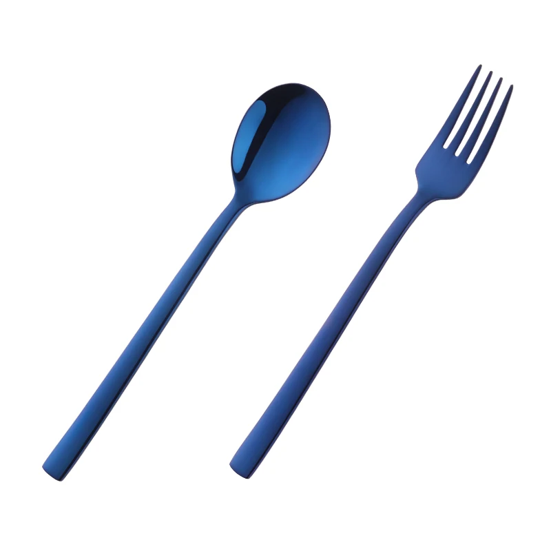 blue 2 шт./компл. 18/8 детская ложка для супа из нержавеющей стали и вилка набор радужной длинной ручкой посуда ковш кухонная посуда набор - Цвет: blue