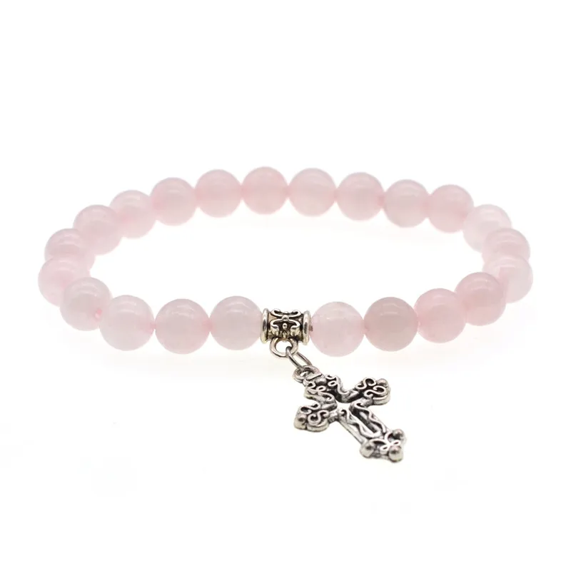 pink with cross Розовый кварц сердце Шарм Браслеты 8 мм бисером Исцеление Кристалл чакра Йога браслет женщина mujer femme ювелирные изделия - Окраска металла: pink with cross
