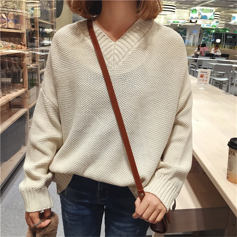 RUGOD Korean Style Casual Sweater Crocheted Pullover Women 2018 Fashion Spring Sexy V neck Long Sleeve Loose Jumper | Женская одежда