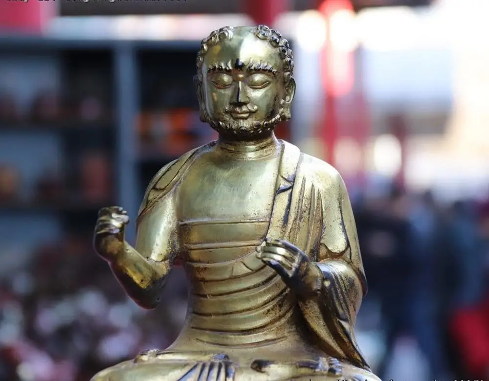 Тибетский фиолетовый Медный позолоченный храмовый стул Arhat Damo Bodhidharma Dharma статуя