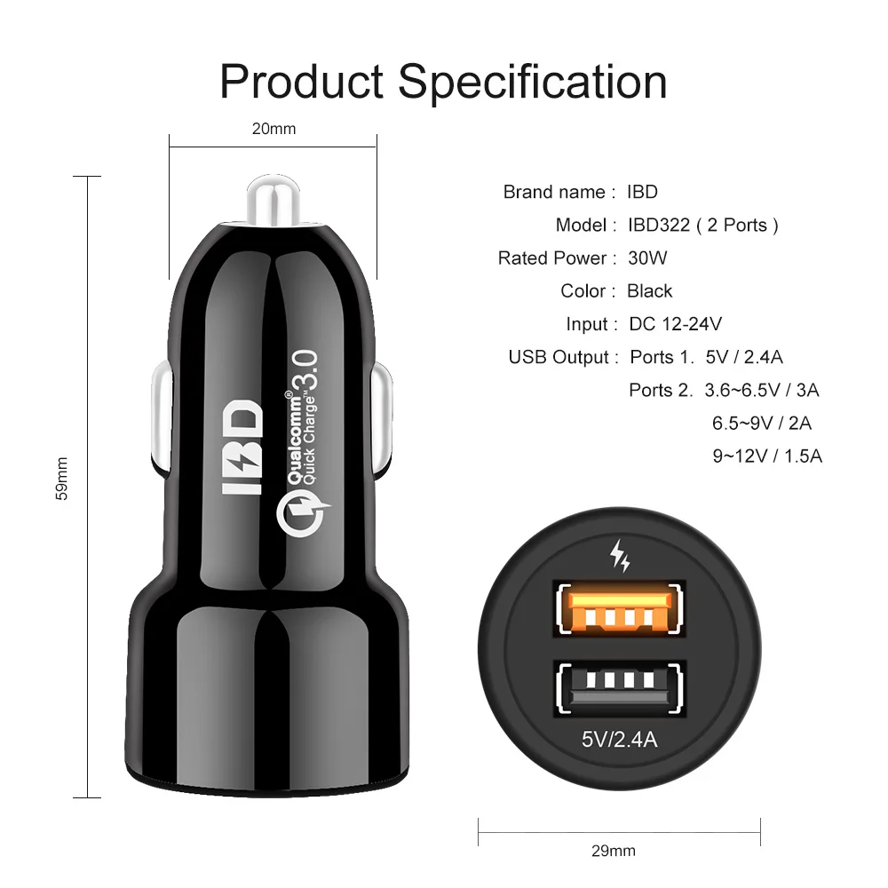 IBD 3 0 Автомобильное зарядное устройство USB с быстрой зарядкой двойной адаптер