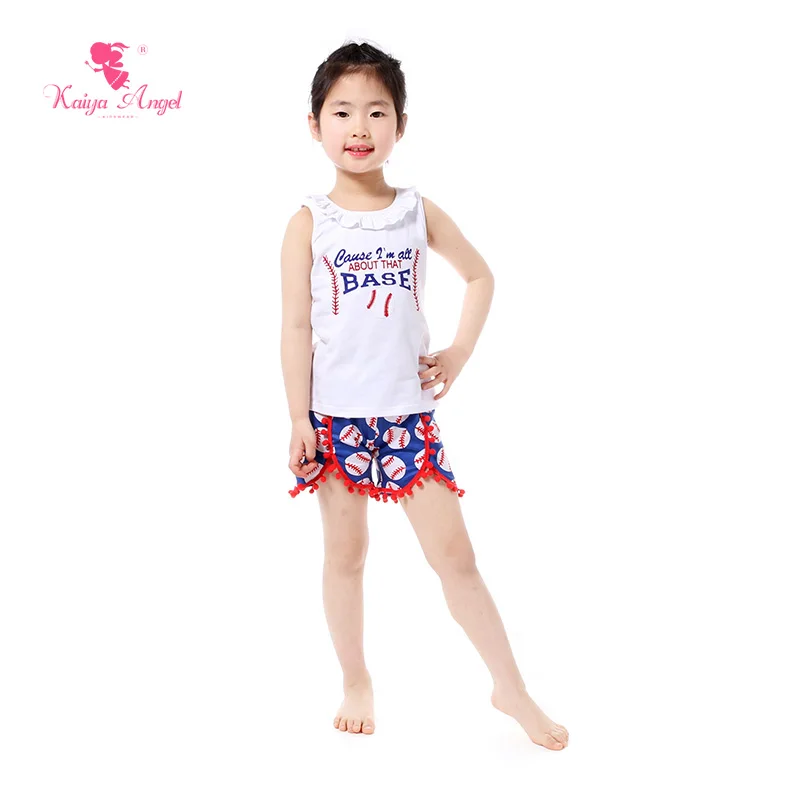 2018 Boutique Kids Clothing Summer White Baseball Girl Top Shorts Set Patriotic 4th Of July Girl Outfits Girls Clothes Suits