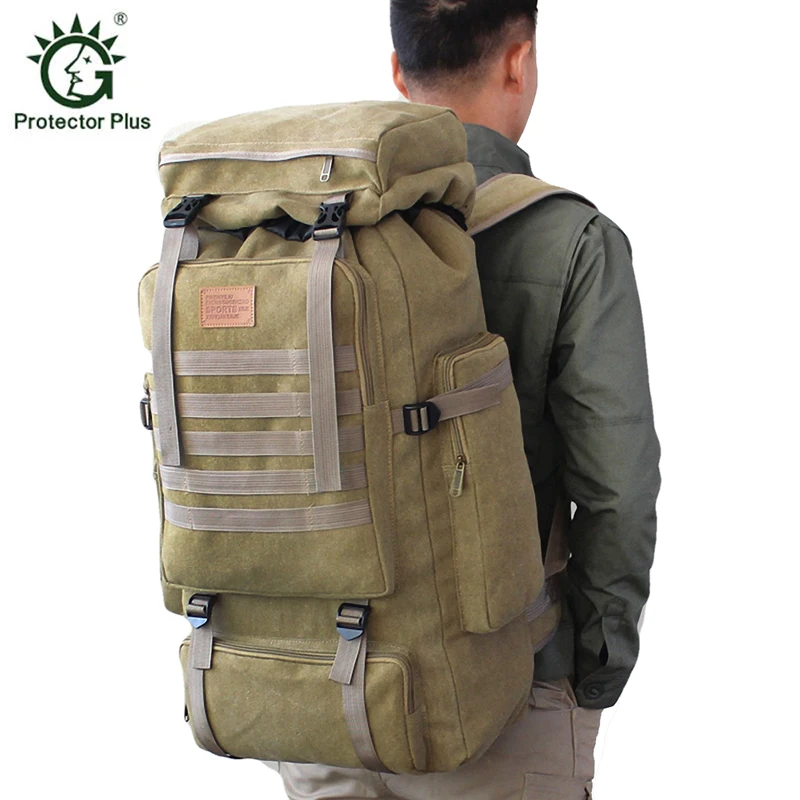 

60L Outdoor Large Tactical Bag Canvas Backpack Military Daypack Camping Hiking Rucksack Army Molle Travel Pack