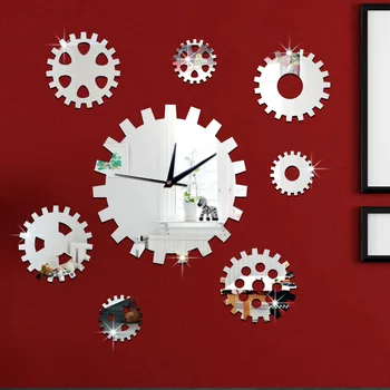 3D Creative DIY decoration clock clock precision turning gear mirror sofa background wall clock quartz clock Free Shipping