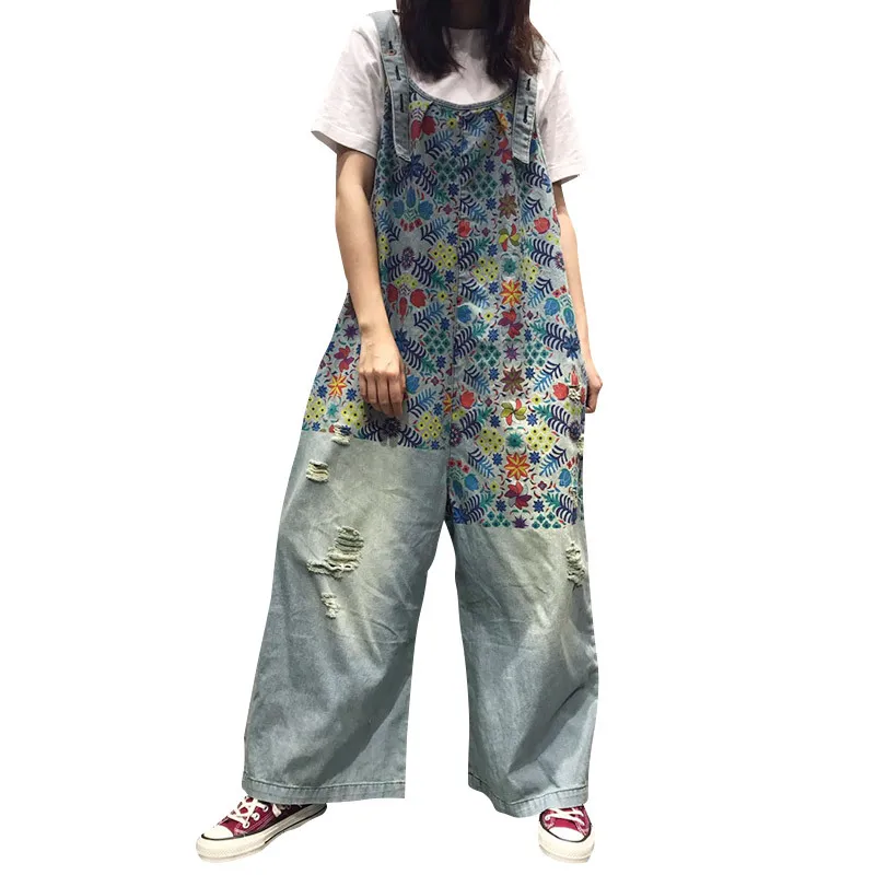 Женский комбинезон с широкими штанинами голубой Свободный из джинсовой ткани