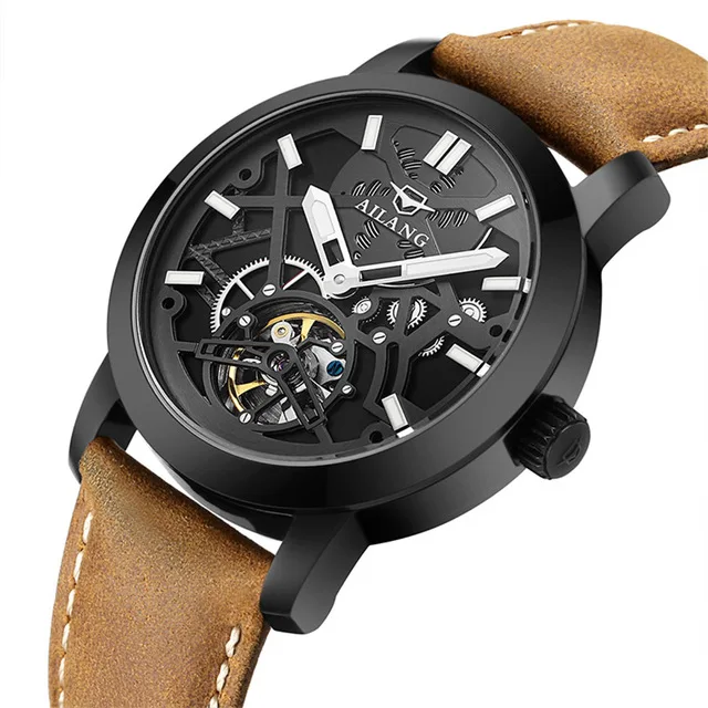 AILANG swim мужские полые автоматические механические часы Tourbillon Модные Бизнес водонепроницаемые 50 м часы Relogio Masculino - Цвет: Leather 01