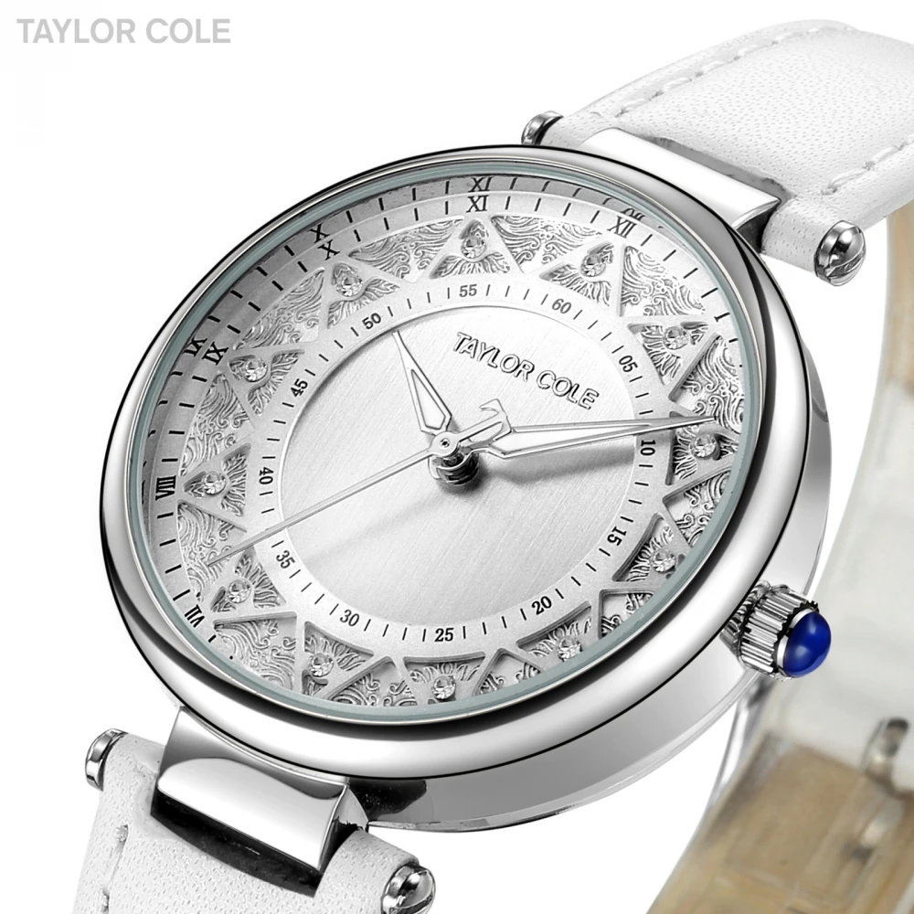 Женские серебряные часы Taylor Cole белые наручные с кожаным ремешком японские
