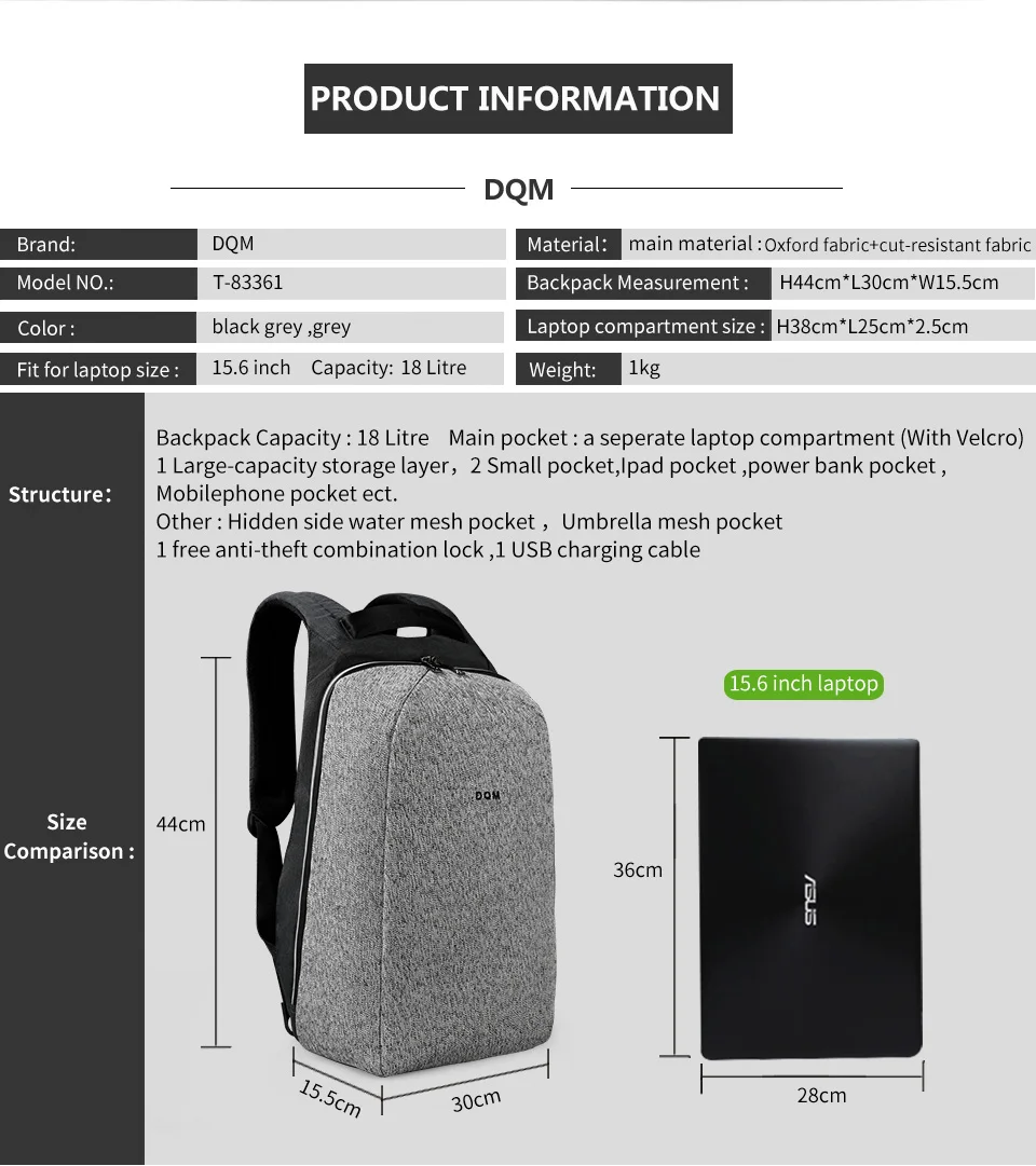 DQM устойчивые к порезам рюкзаки mochila USB 15,6 для ноутбука дорожная Противоугонная сумка водонепроницаемый рюкзак для мужчин